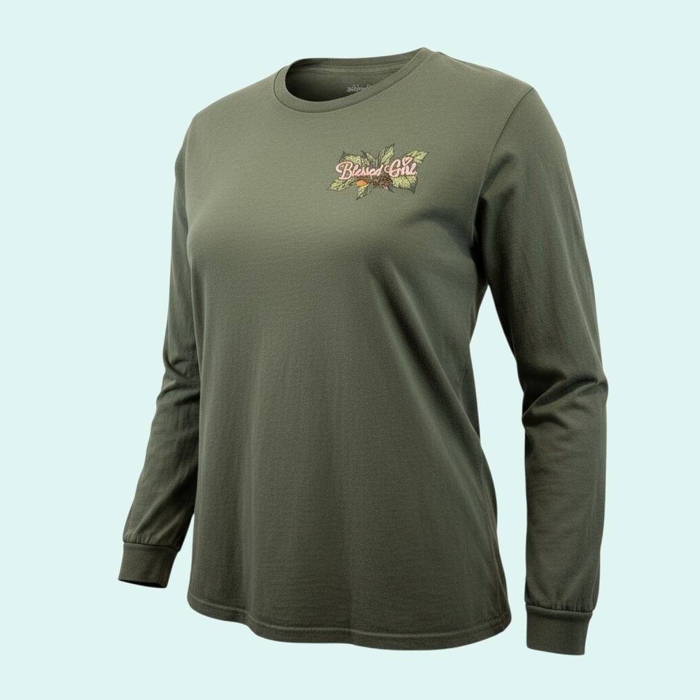 Blessed Girl Women's Green Happy Camper Long Sleeve T-Shirt Size L 100% Cotton